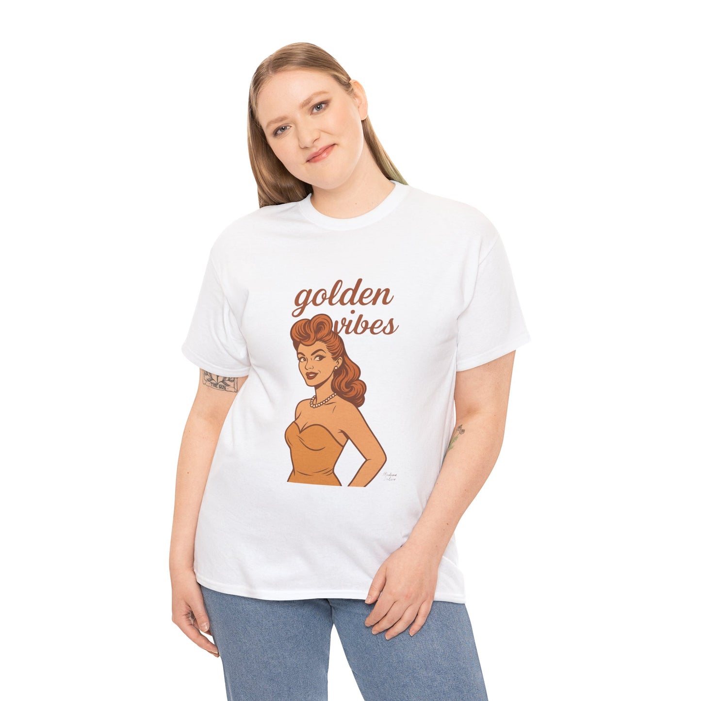 Golden Vibes – Retro Pin-Up Graphic Tee | Unisex Vintage Aesthetic T-Shirt - Madame Soulière
