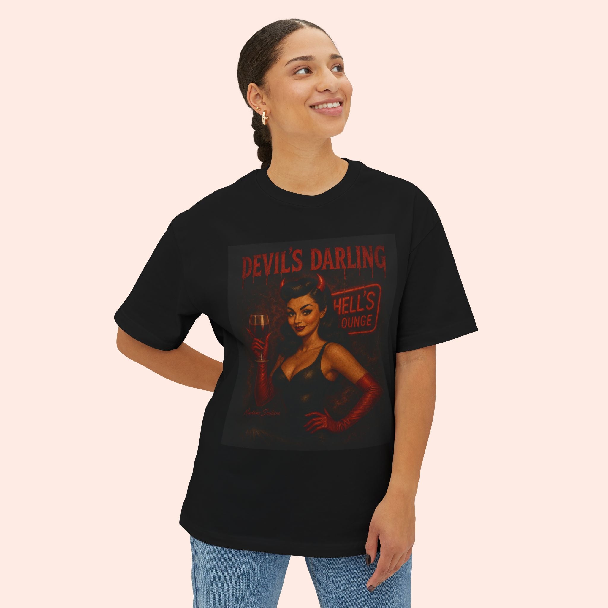 Devil’s Darling – Retro Pin-Up Devil Long Boxy T-Shirt