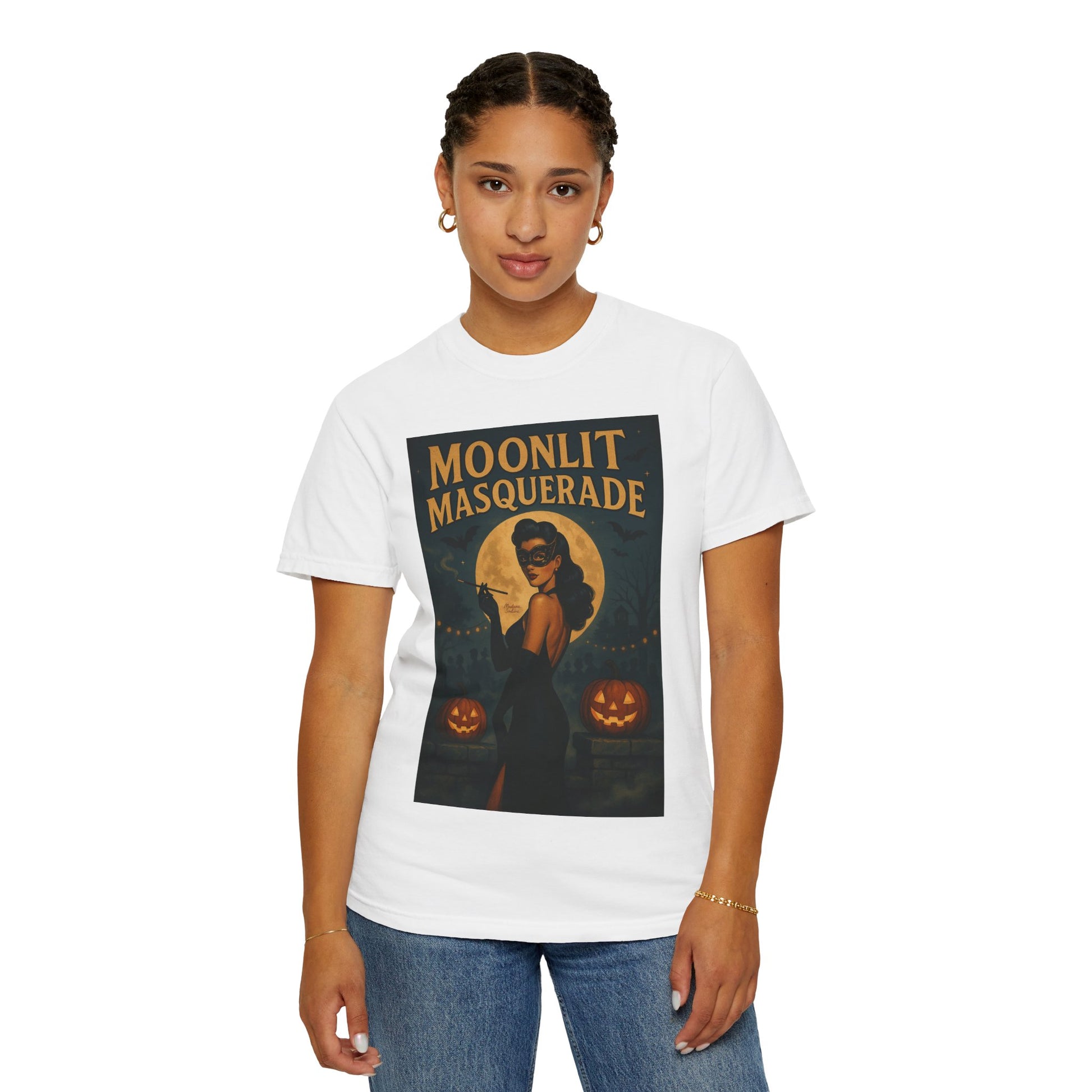 Moonlit Masquerade Halloween Unisex T-Shirt – Retro Vintage Masquerade Ball Graphic Tee, Spooky Horror Top - Madame Soulière