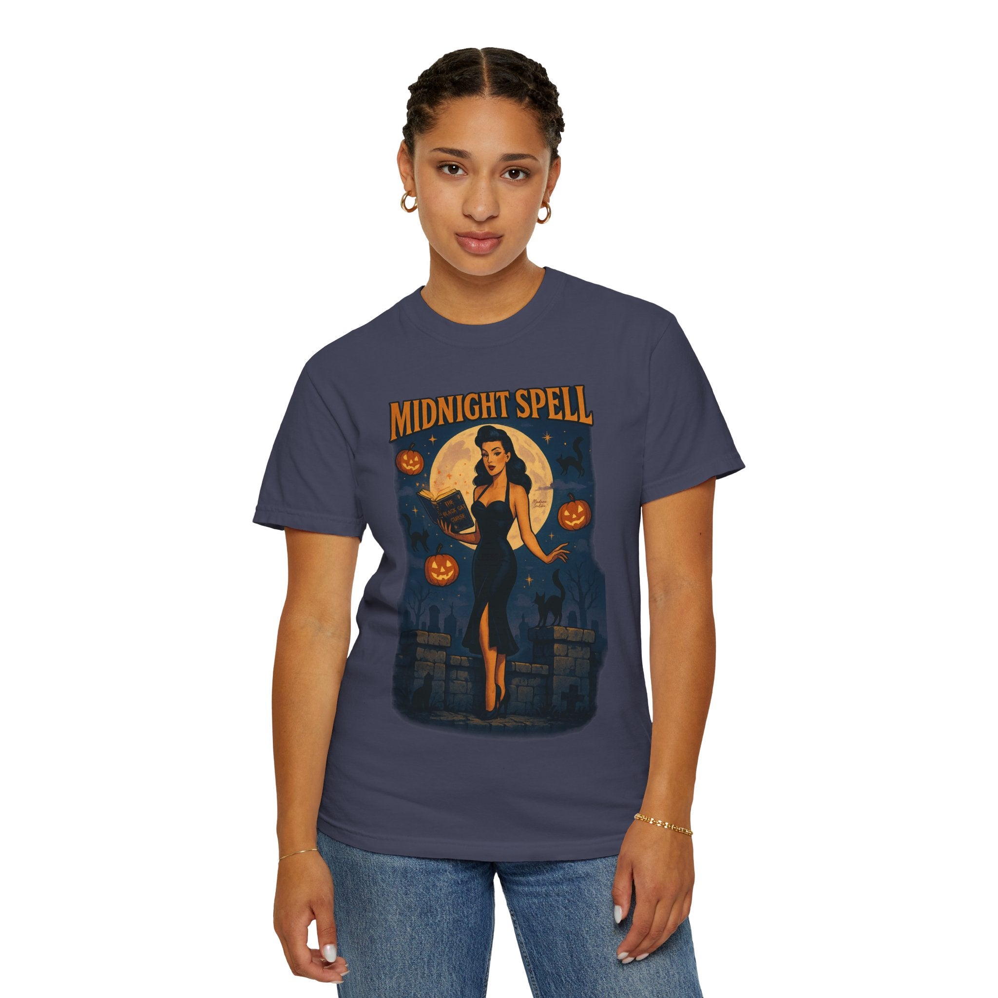 Midnight Spell – Retro Pin-Up Witch Unisex Halloween T-Shirt