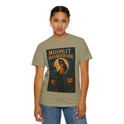 Moonlit Masquerade Halloween Unisex T-Shirt – Retro Vintage Masquerade Ball Graphic Tee, Spooky Horror Top - Madame Soulière