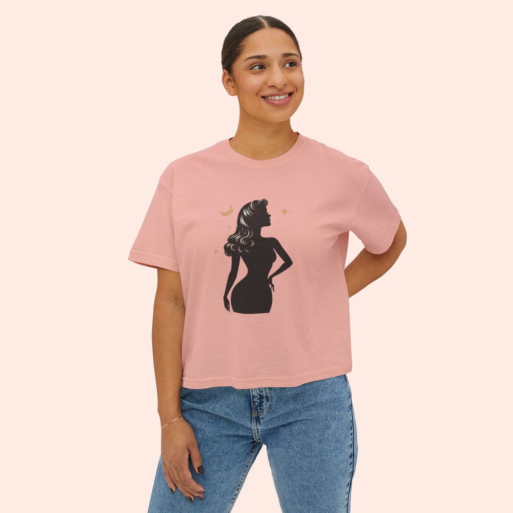 Divine Feminine Silhouette – Retro Celestial Graphic Boxy T-Shirt