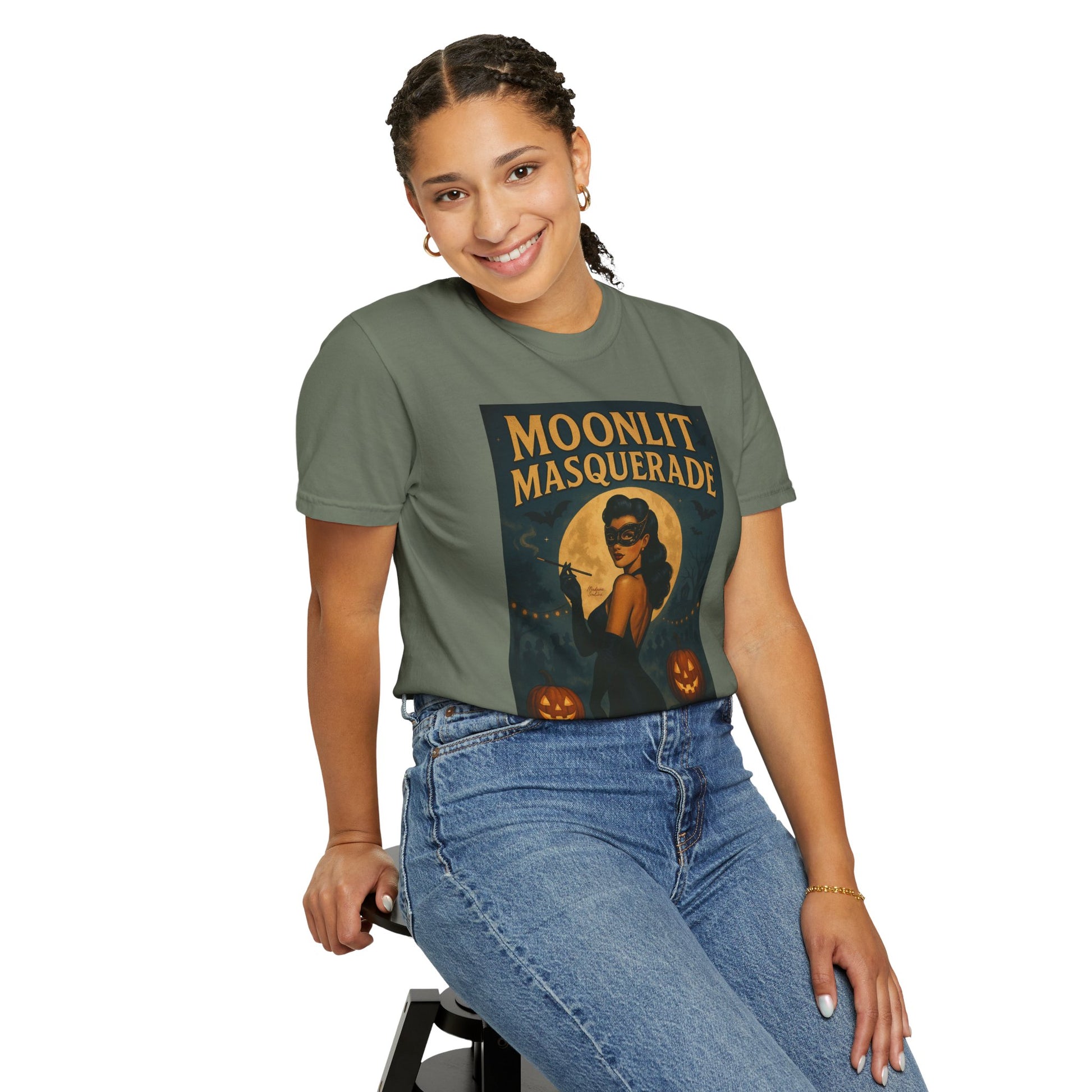 Moonlit Masquerade Halloween Unisex T-Shirt – Retro Vintage Masquerade Ball Graphic Tee, Spooky Horror Top - Madame Soulière