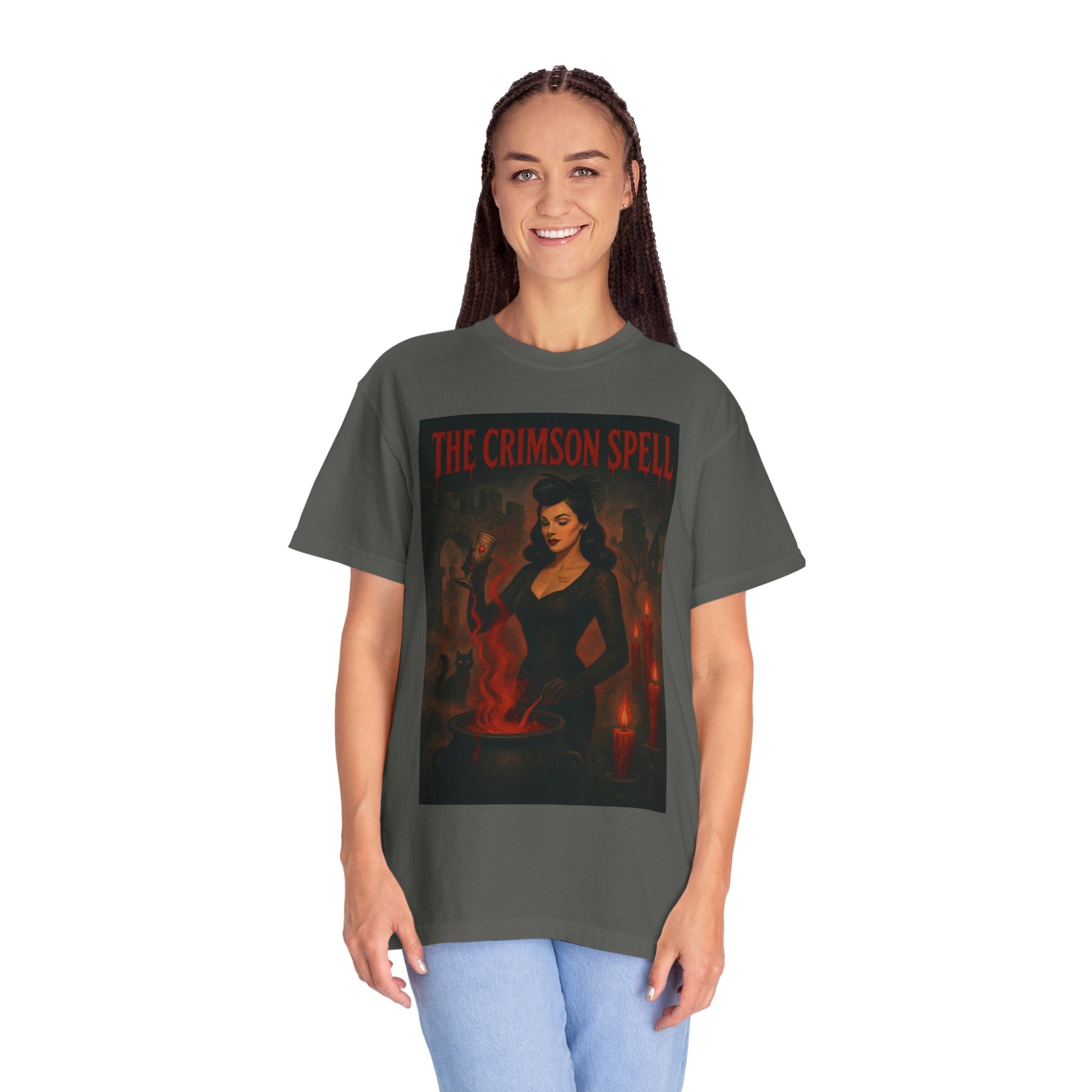 The Crimson Spell Halloween Unisex T-Shirt – Retro Witch Graphic Tee, Vintage Horror Spooky Top,  Scary Season Shirt - Madame Soulière