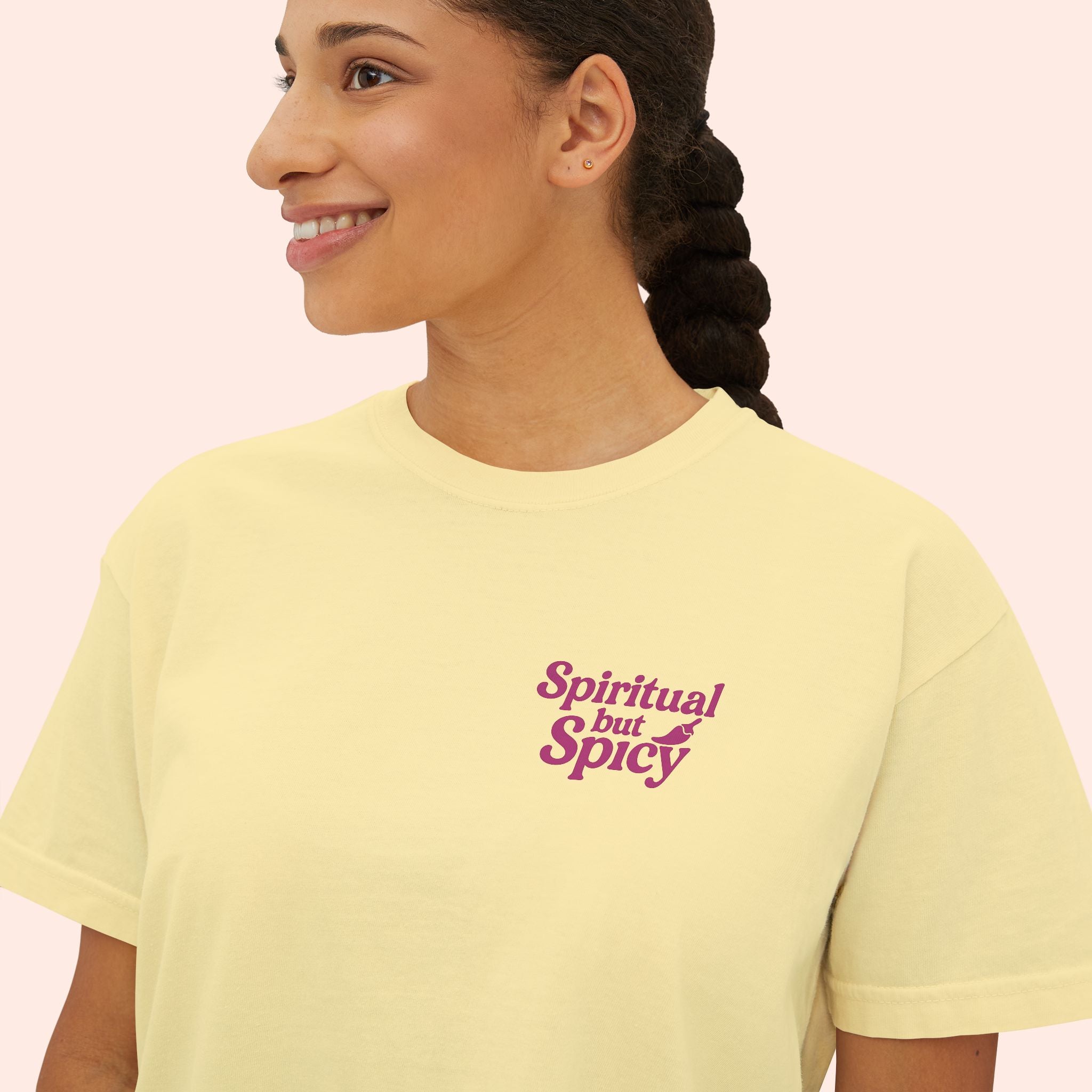 Spiritual but Spicy – Retro Mini Print Boxy T-Shirt