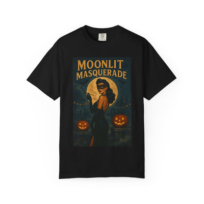 Moonlit Masquerade Halloween Unisex T-Shirt – Retro Vintage Masquerade Ball Graphic Tee, Spooky Horror Top - Madame Soulière