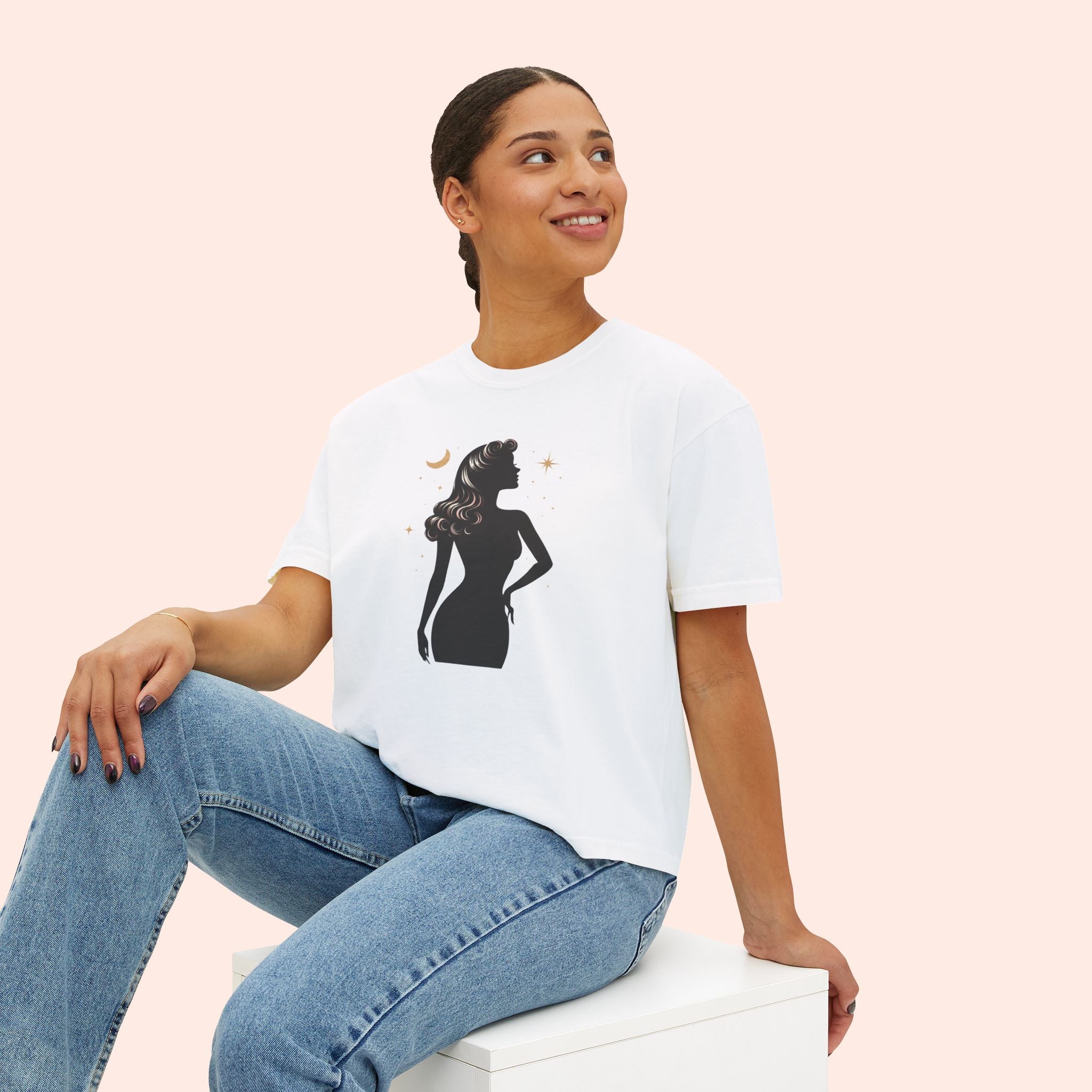 Divine Feminine Silhouette – Retro Celestial Graphic Boxy T-Shirt