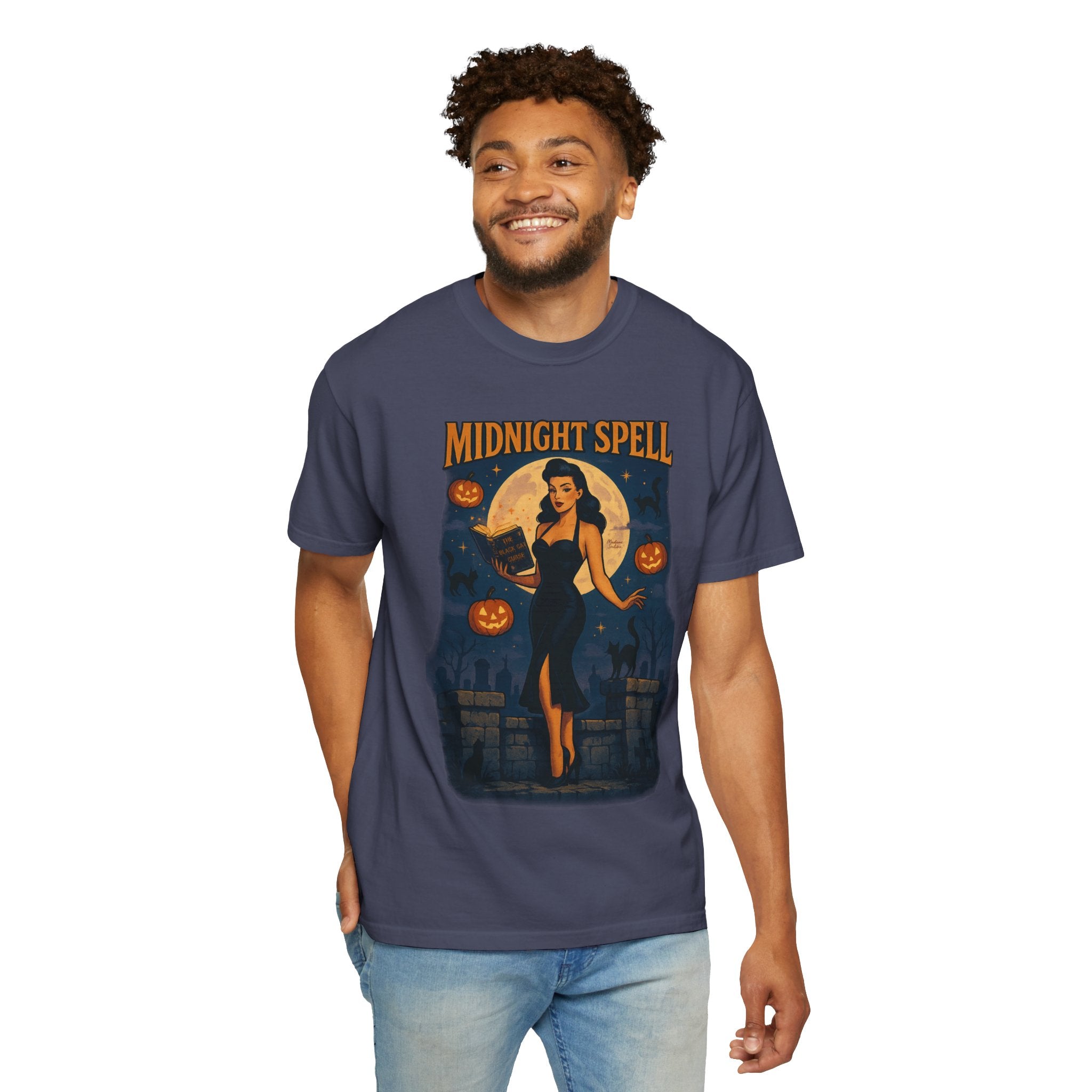 Midnight Spell – Retro Pin-Up Witch Unisex Halloween T-Shirt