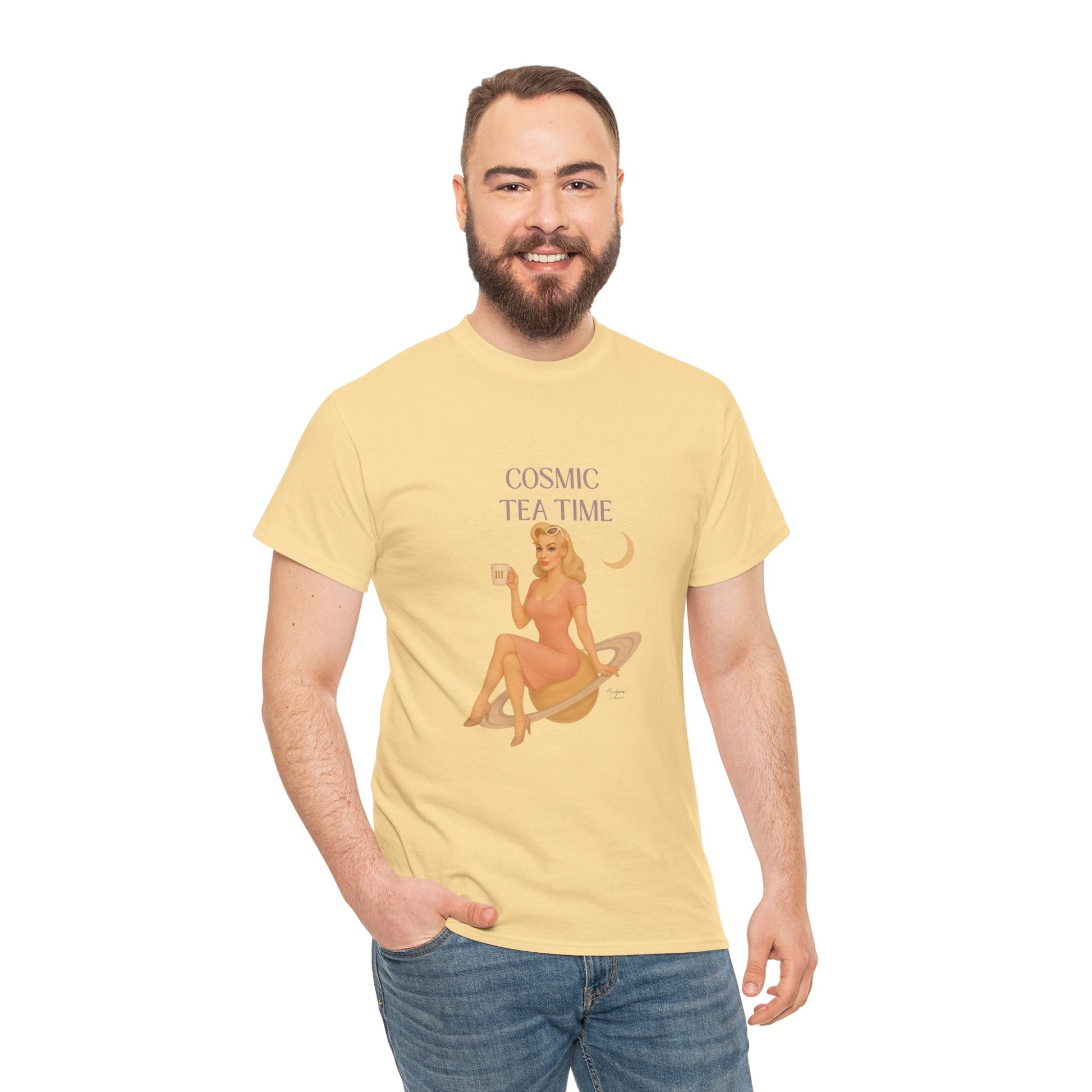 Cosmic Tea Time 111 Unisex T-Shirt – Retro Vintage Graphic Tee, Angel Number Shirt, Spiritual Pin Up Top, Unisex Cosmic Vibes Tee - Madame Soulière