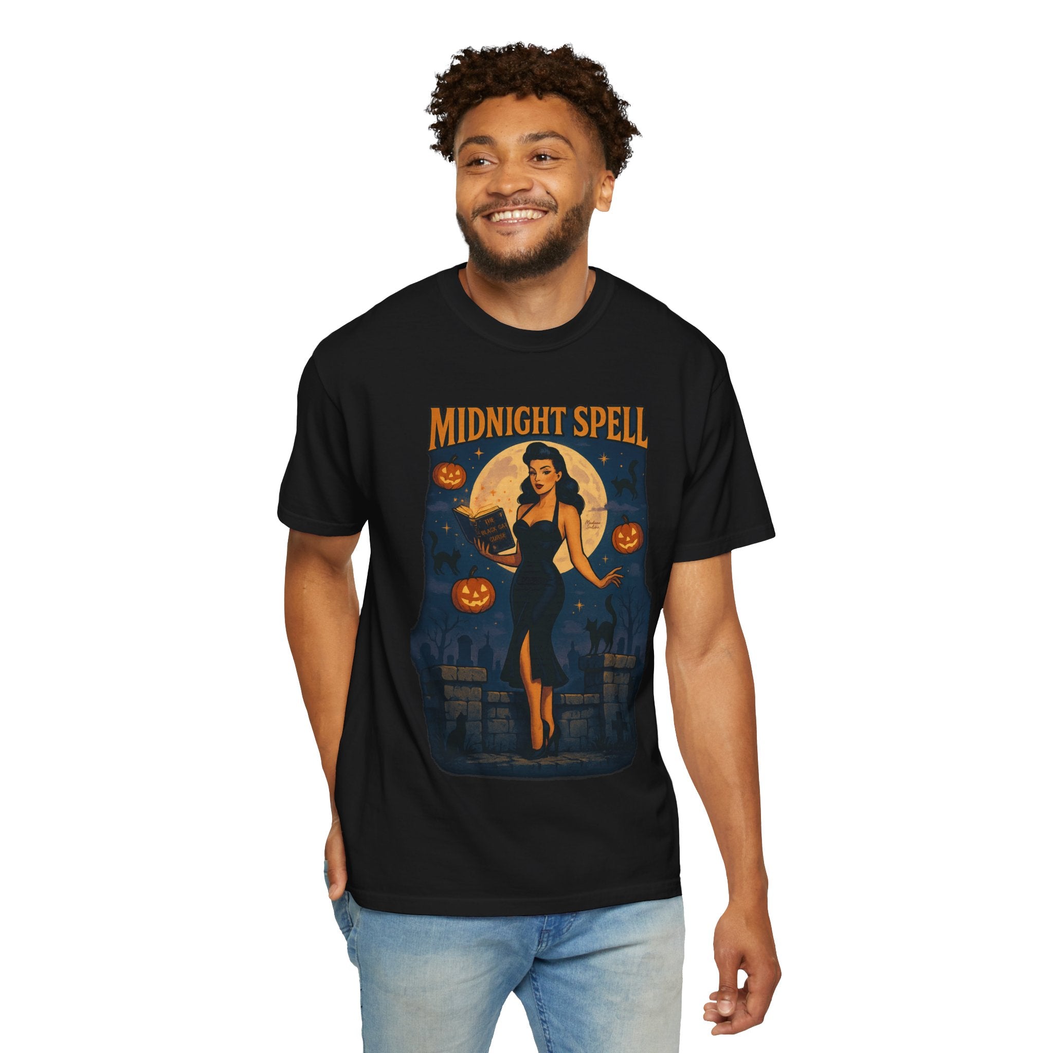 Midnight Spell – Retro Pin-Up Witch Unisex Halloween T-Shirt