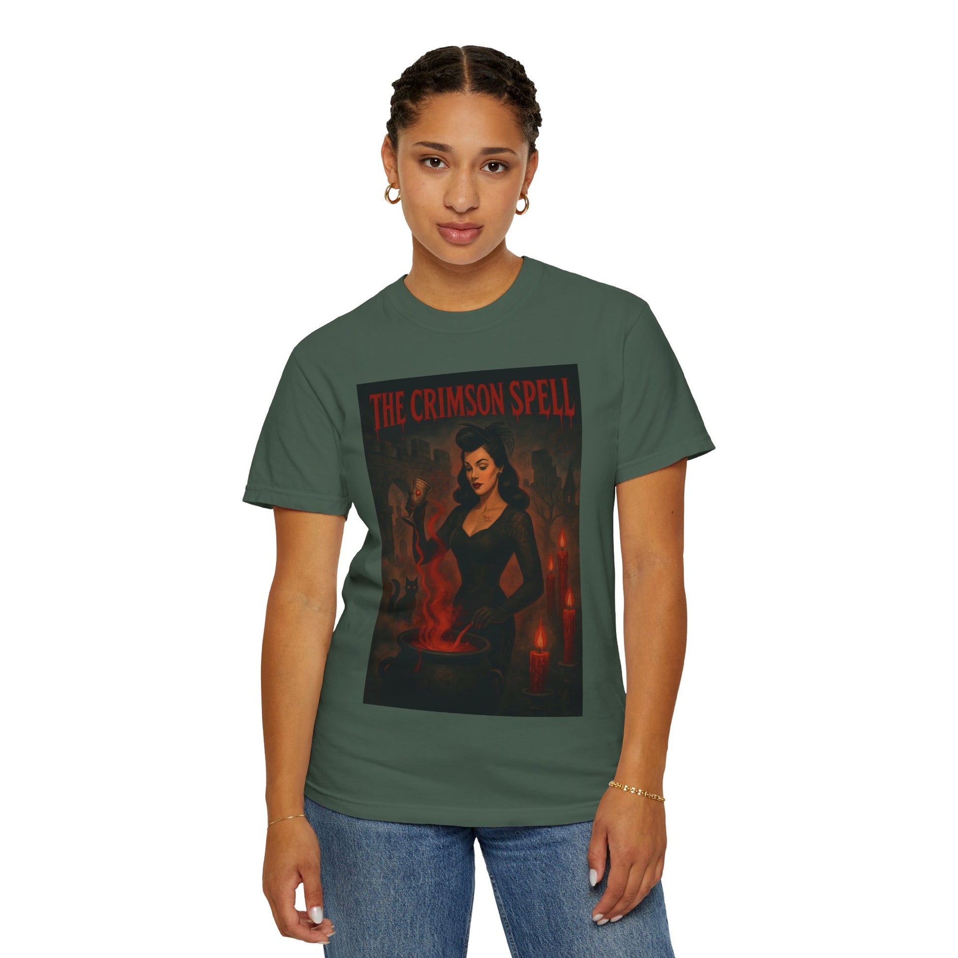 The Crimson Spell Halloween Unisex T-Shirt – Retro Witch Graphic Tee, Vintage Horror Spooky Top,  Scary Season Shirt - Madame Soulière