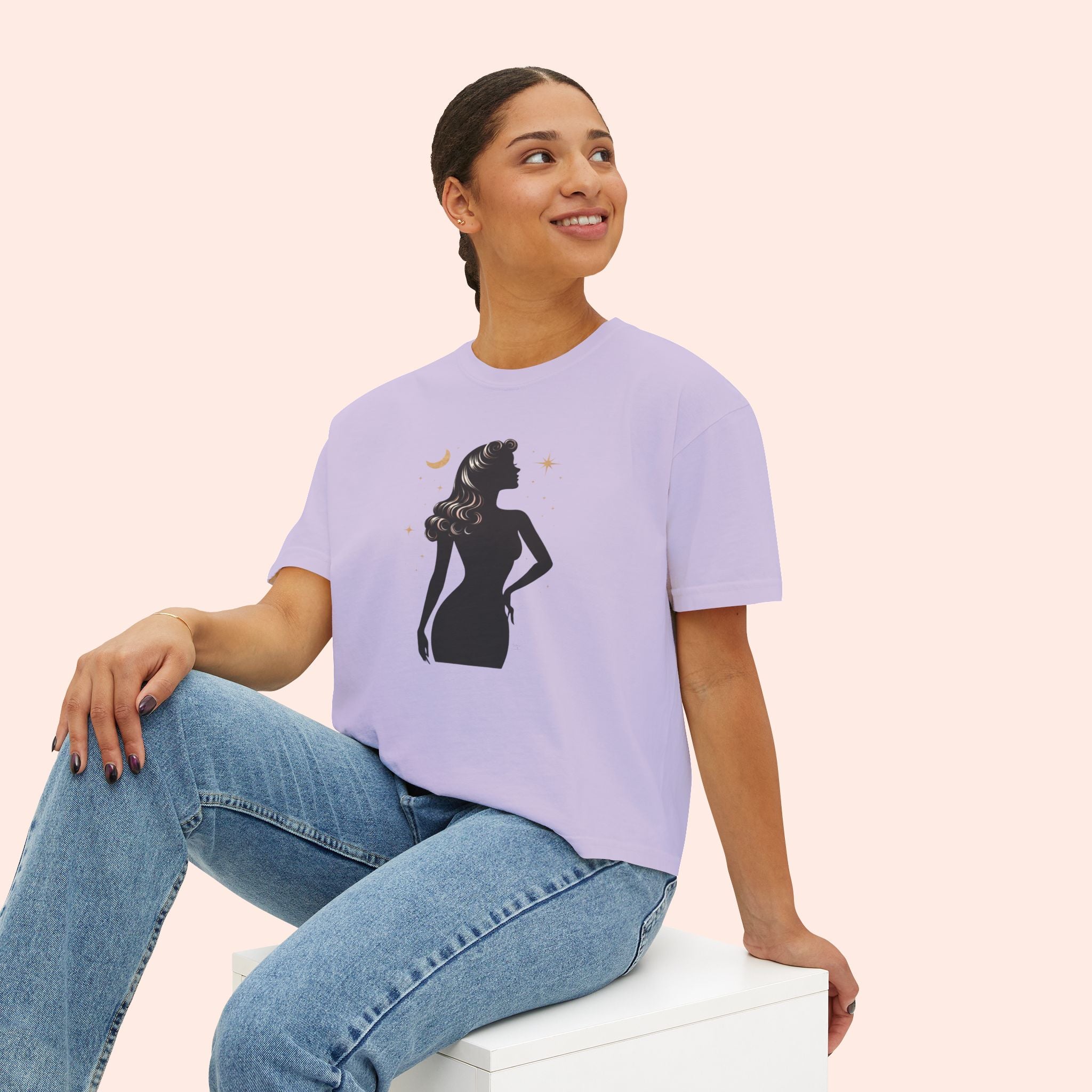 Divine Feminine Silhouette – Retro Celestial Graphic Boxy T-Shirt
