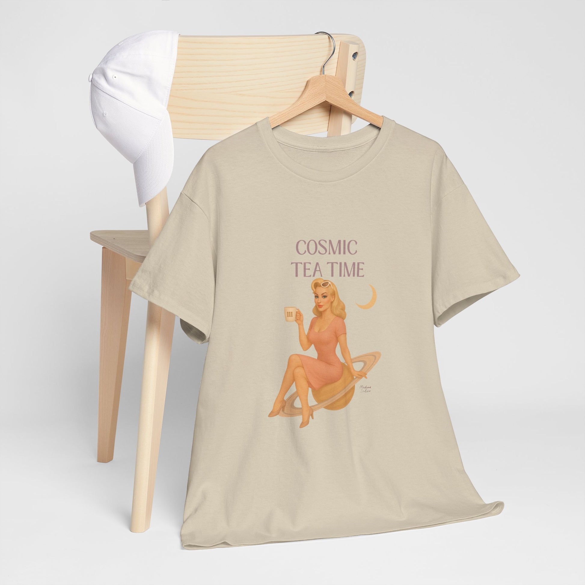 Cosmic Tea Time 111 Unisex T-Shirt – Retro Vintage Graphic Tee, Angel Number Shirt, Spiritual Pin Up Top, Unisex Cosmic Vibes Tee - Madame Soulière