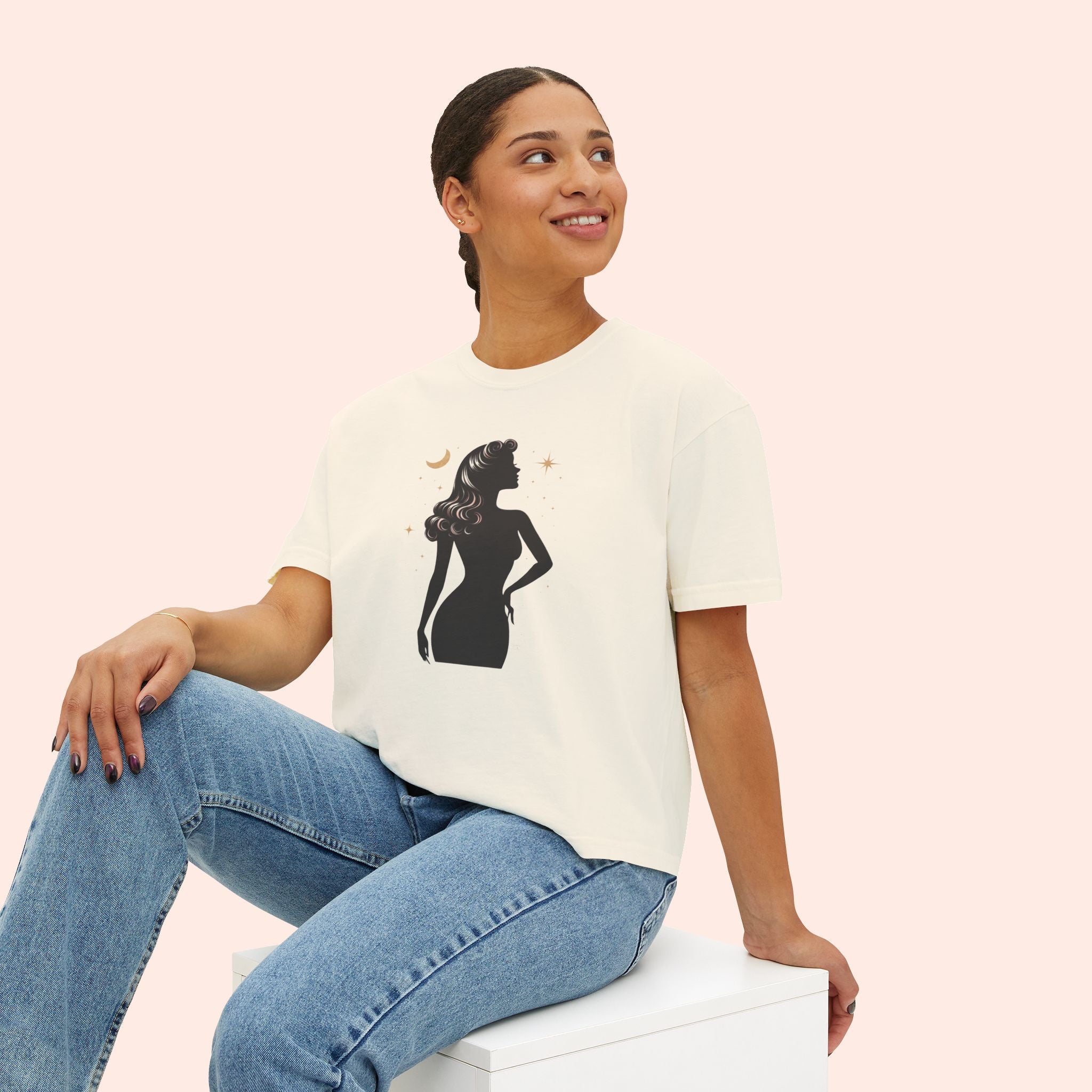 Divine Feminine Silhouette – Retro Celestial Graphic Boxy T-Shirt