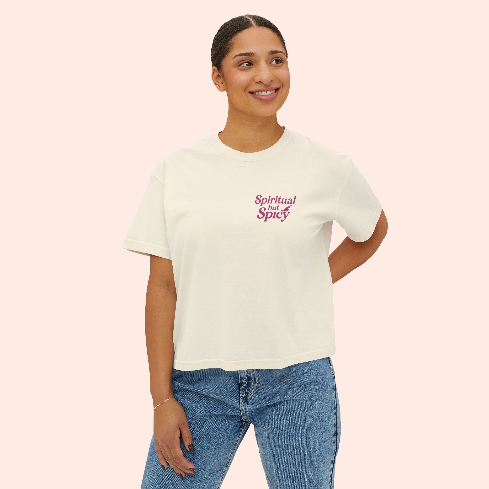 Spiritual but Spicy – Retro Mini Print Boxy T-Shirt