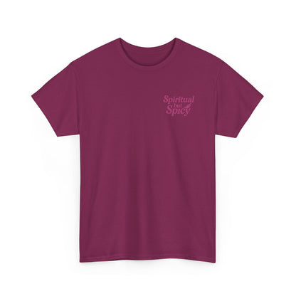 Spiritual but Spicy Unisex T-Shirt – Retro Mini Slogan Tee, Vintage Inspired Graphic Top, Feminine Statement Shirt - Madame Soulière