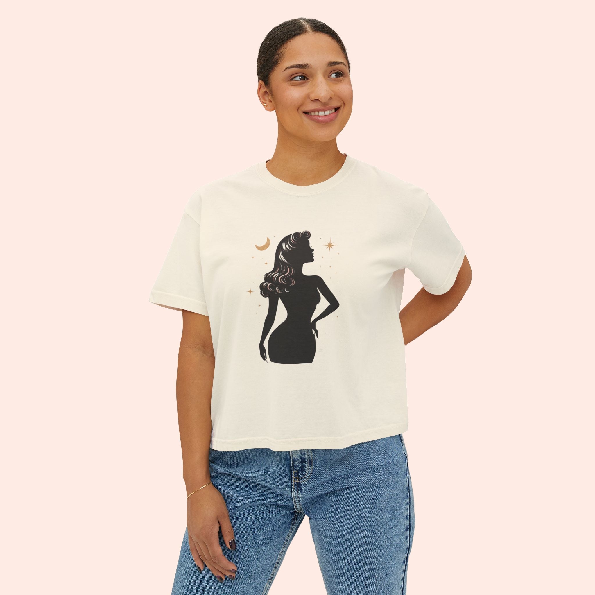 Divine Feminine Silhouette – Retro Celestial Graphic Boxy T-Shirt