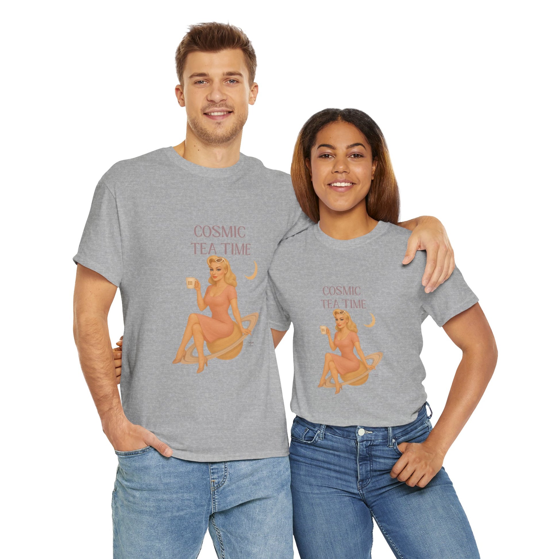 Cosmic Tea Time 111 Unisex T-Shirt – Retro Vintage Graphic Tee, Angel Number Shirt, Spiritual Pin Up Top, Unisex Cosmic Vibes Tee - Madame Soulière