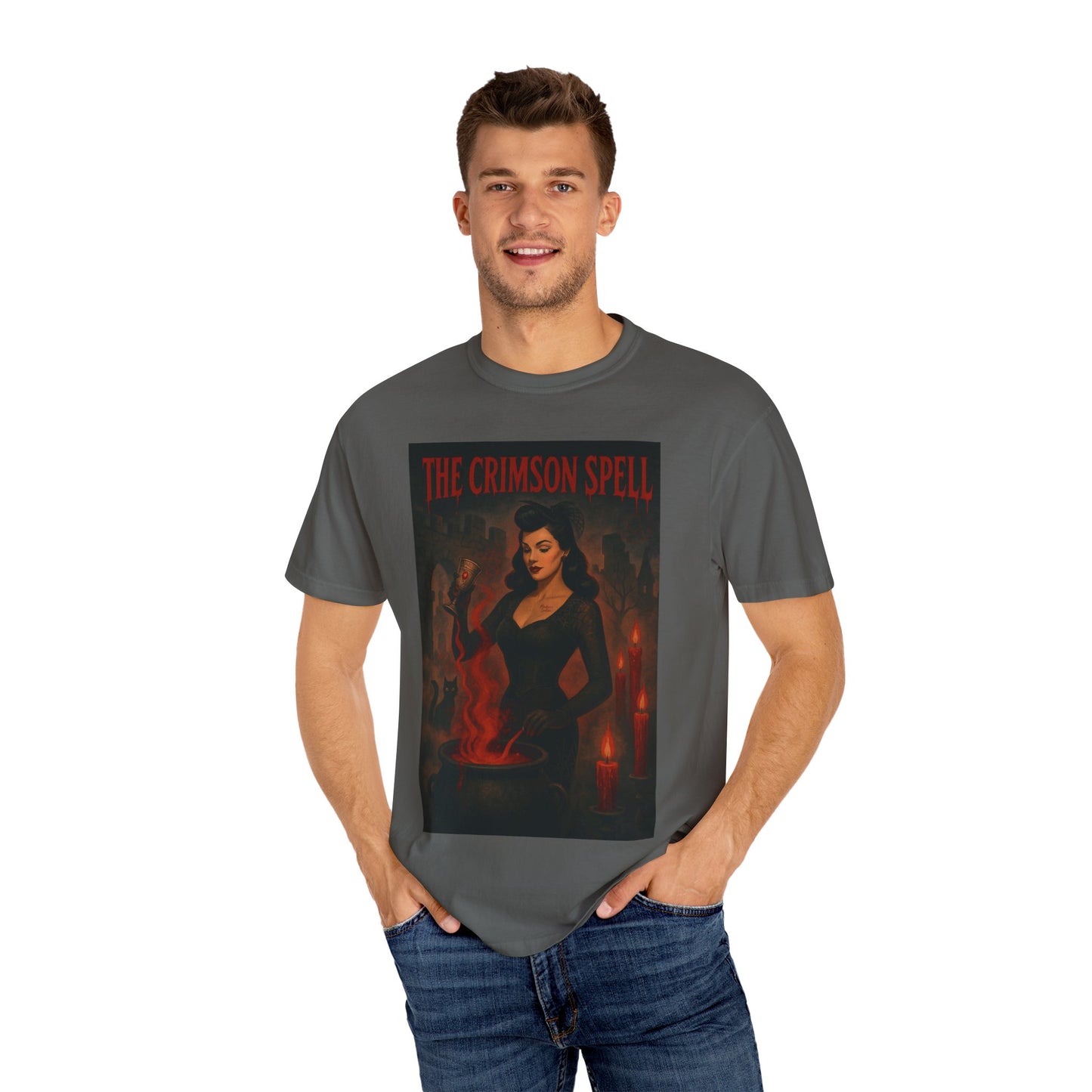 The Crimson Spell Halloween Unisex T-Shirt – Retro Witch Graphic Tee, Vintage Horror Spooky Top,  Scary Season Shirt - Madame Soulière