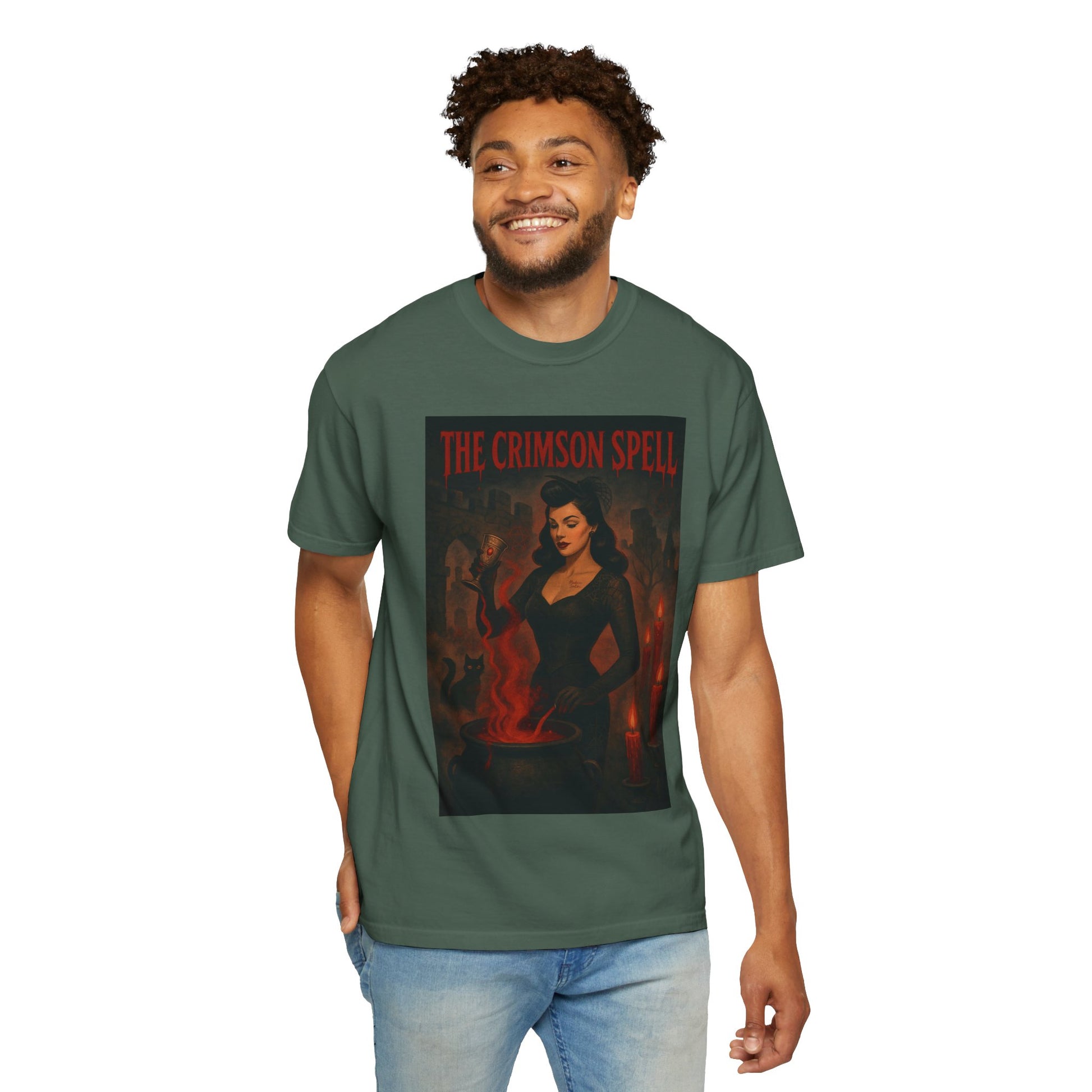 The Crimson Spell Halloween Unisex T-Shirt – Retro Witch Graphic Tee, Vintage Horror Spooky Top,  Scary Season Shirt - Madame Soulière