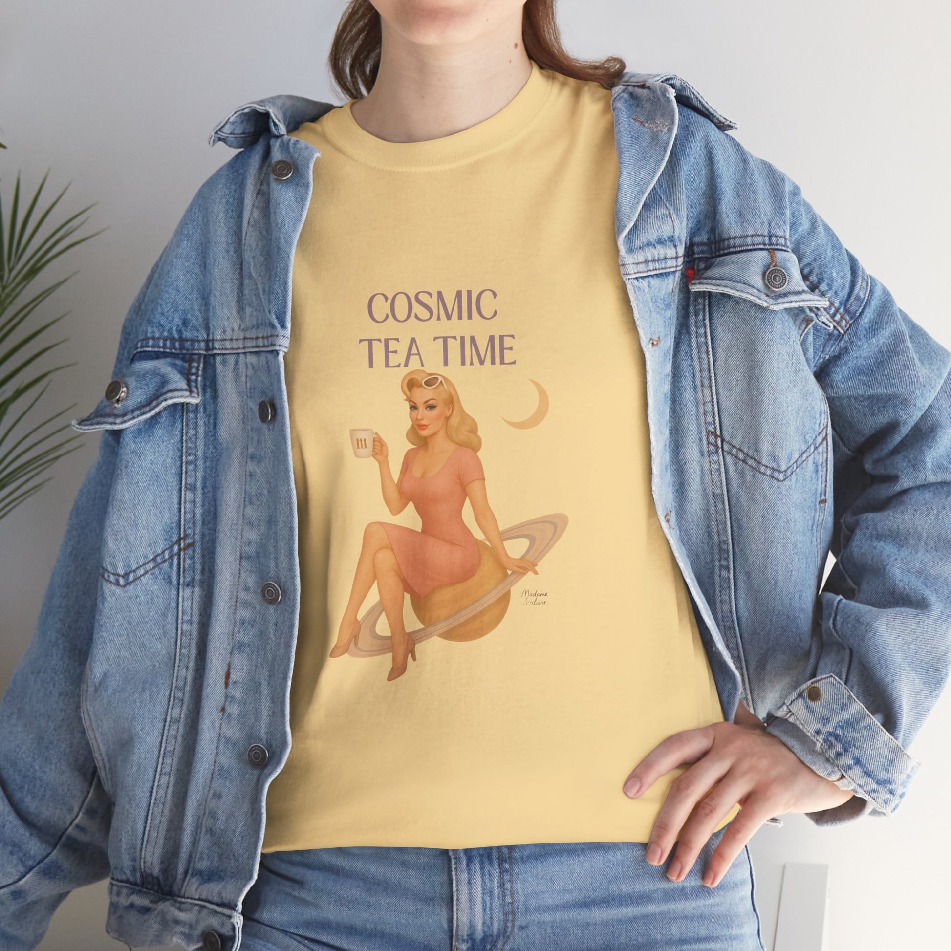 Cosmic Tea Time 111 Unisex T-Shirt – Retro Vintage Graphic Tee, Angel Number Shirt, Spiritual Pin Up Top, Unisex Cosmic Vibes Tee - Madame Soulière