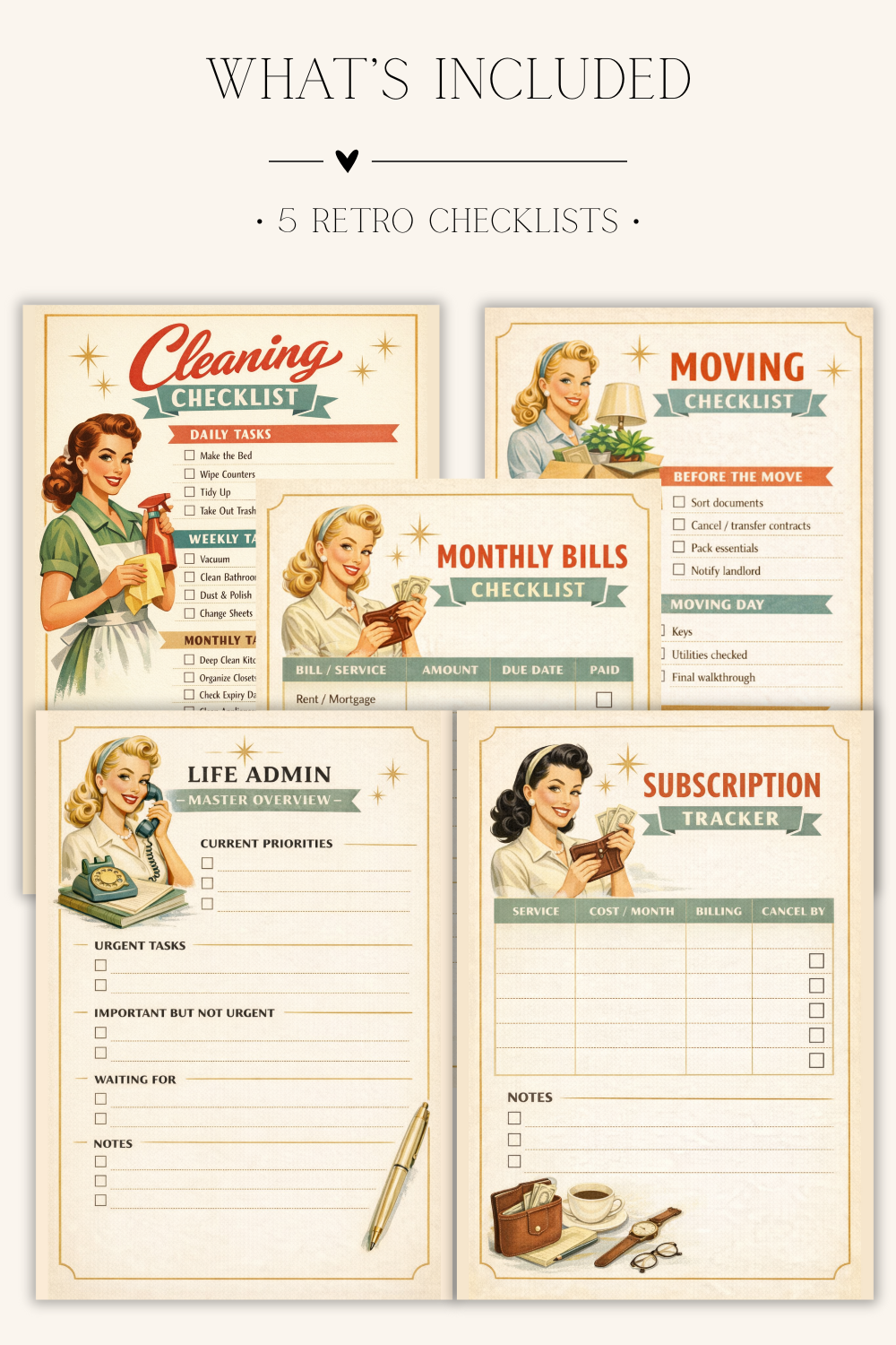 Retro Life Admin Digital Checklists Bundle