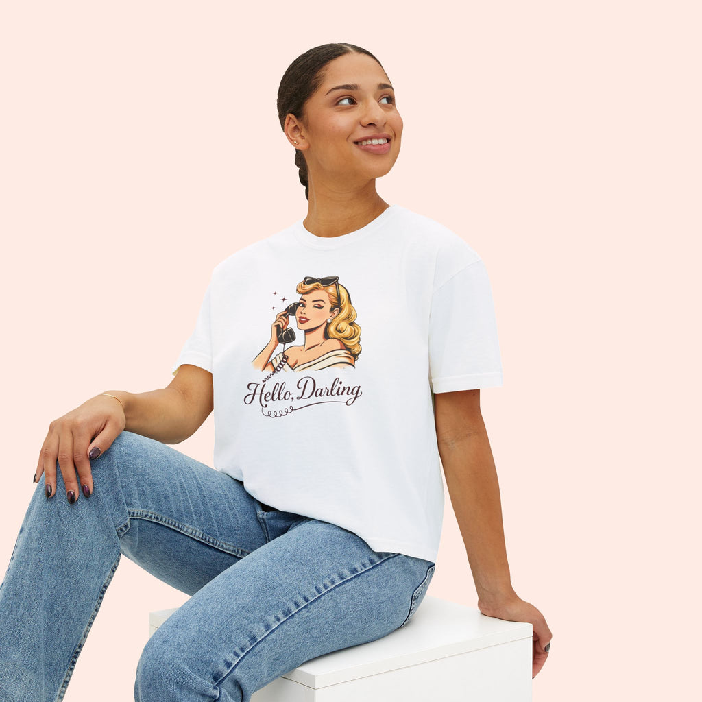 Hello Darling - Retro Pin-Up Graphic Boxy T-Shirt