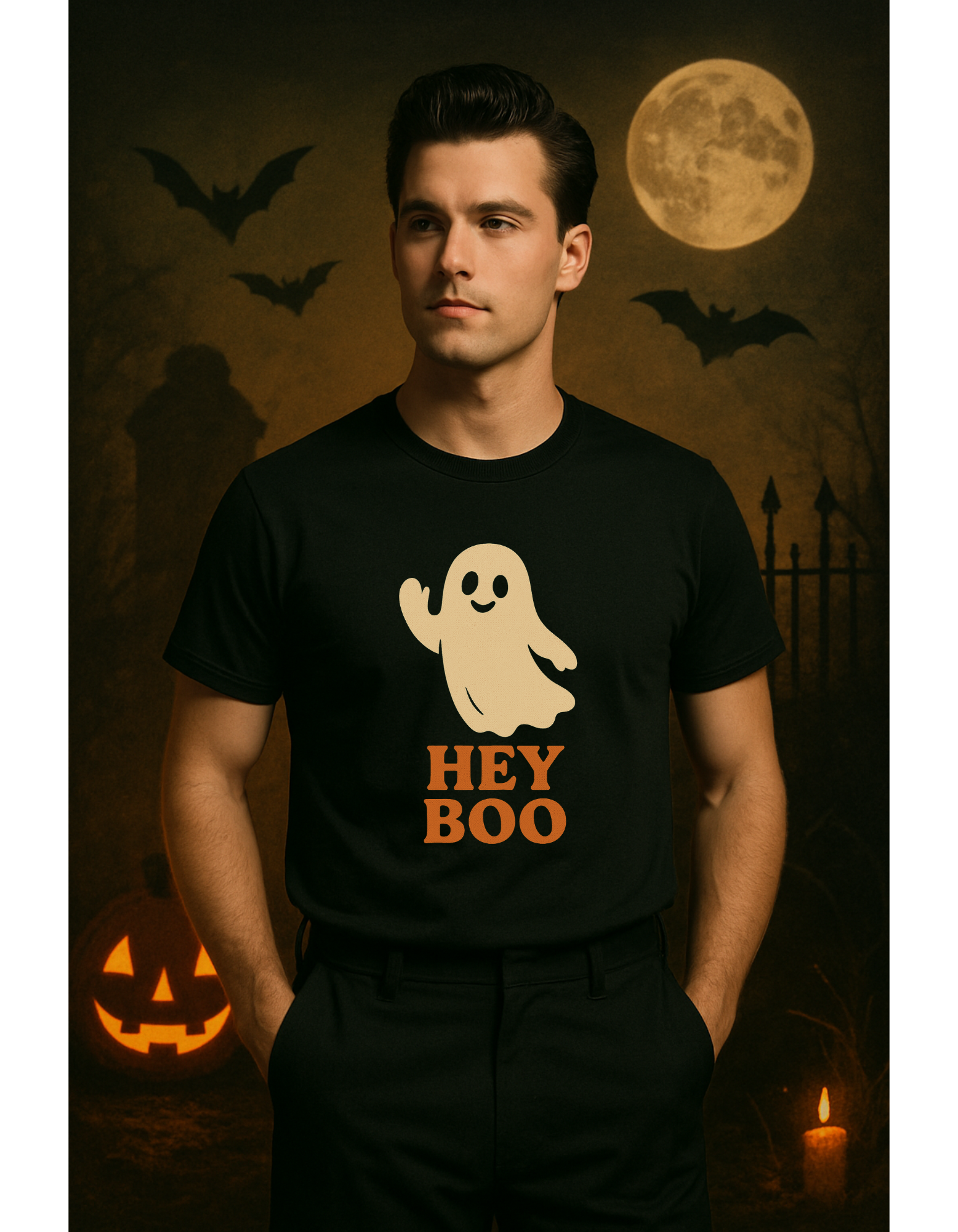 Retro Halloween Ghost T-Shirt – Vintage Pin Up Style Tee, Spooky Season Graphic Top, Hey Boo Shirt for Women & Men - Madame Soulière