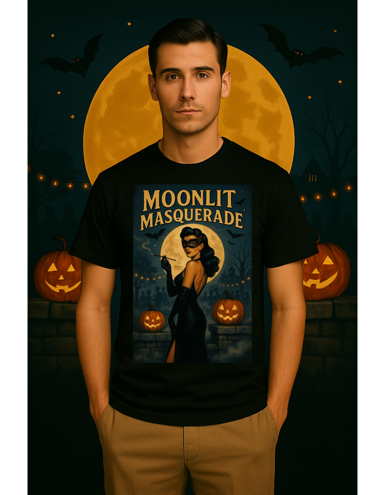 Moonlit Masquerade Halloween Unisex T-Shirt – Retro Vintage Masquerade Ball Graphic Tee, Spooky Horror Top - Madame Soulière