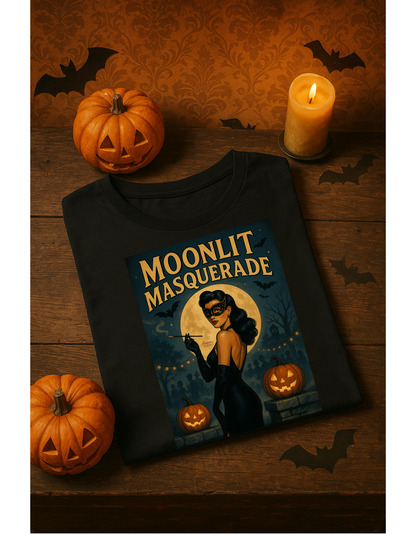 Moonlit Masquerade Halloween Unisex T-Shirt – Retro Vintage Masquerade Ball Graphic Tee, Spooky Horror Top - Madame Soulière
