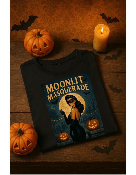 Moonlit Masquerade Halloween Unisex T-Shirt – Retro Vintage Masquerade Ball Graphic Tee, Spooky Horror Top - Madame Soulière