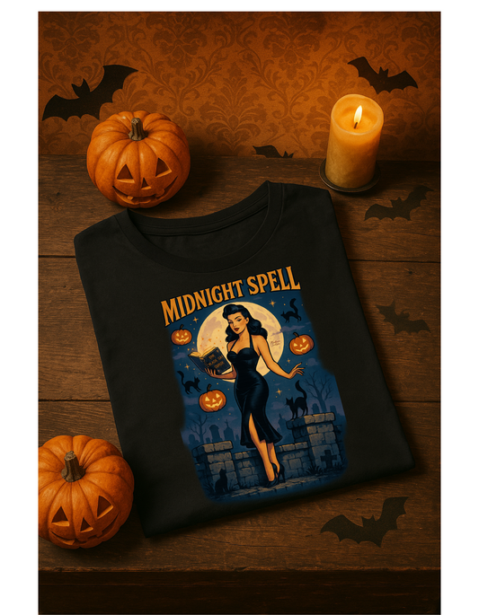 Midnight Spell Halloween Unisex T-Shirt – Retro Witch Graphic Tee, Vintage Spooky Horror Top, Scary Season Shirt - Madame Soulière