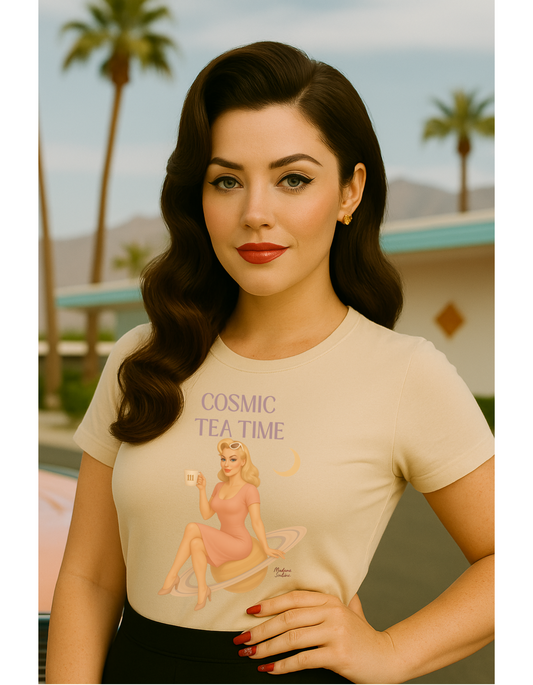 Cosmic Tea Time 111 Unisex T-Shirt – Retro Vintage Graphic Tee, Angel Number Shirt, Spiritual Pin Up Top, Unisex Cosmic Vibes Tee - Madame Soulière