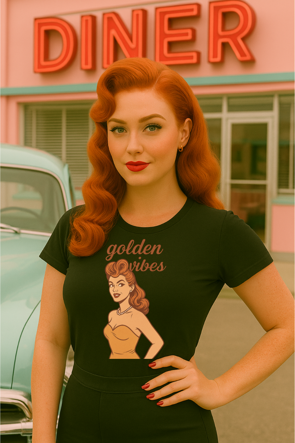 Golden Vibes – Retro Pin-Up Vintage T-Shirt