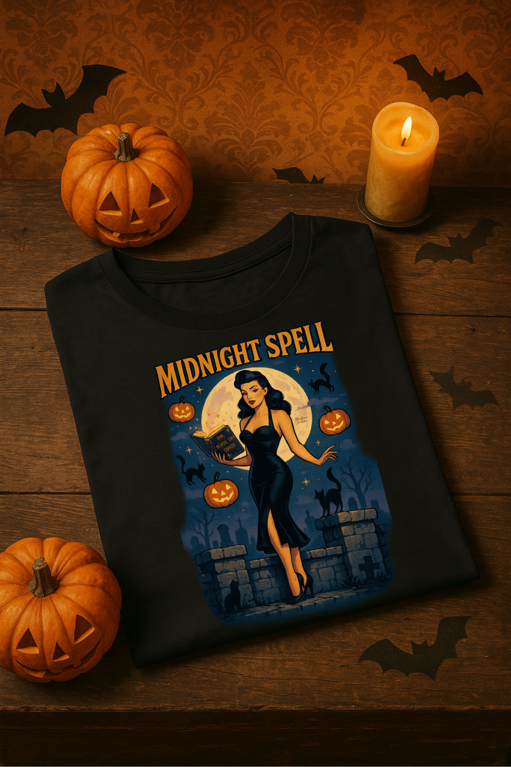 Midnight Spell – Retro Pin-Up Witch Unisex Halloween T-Shirt