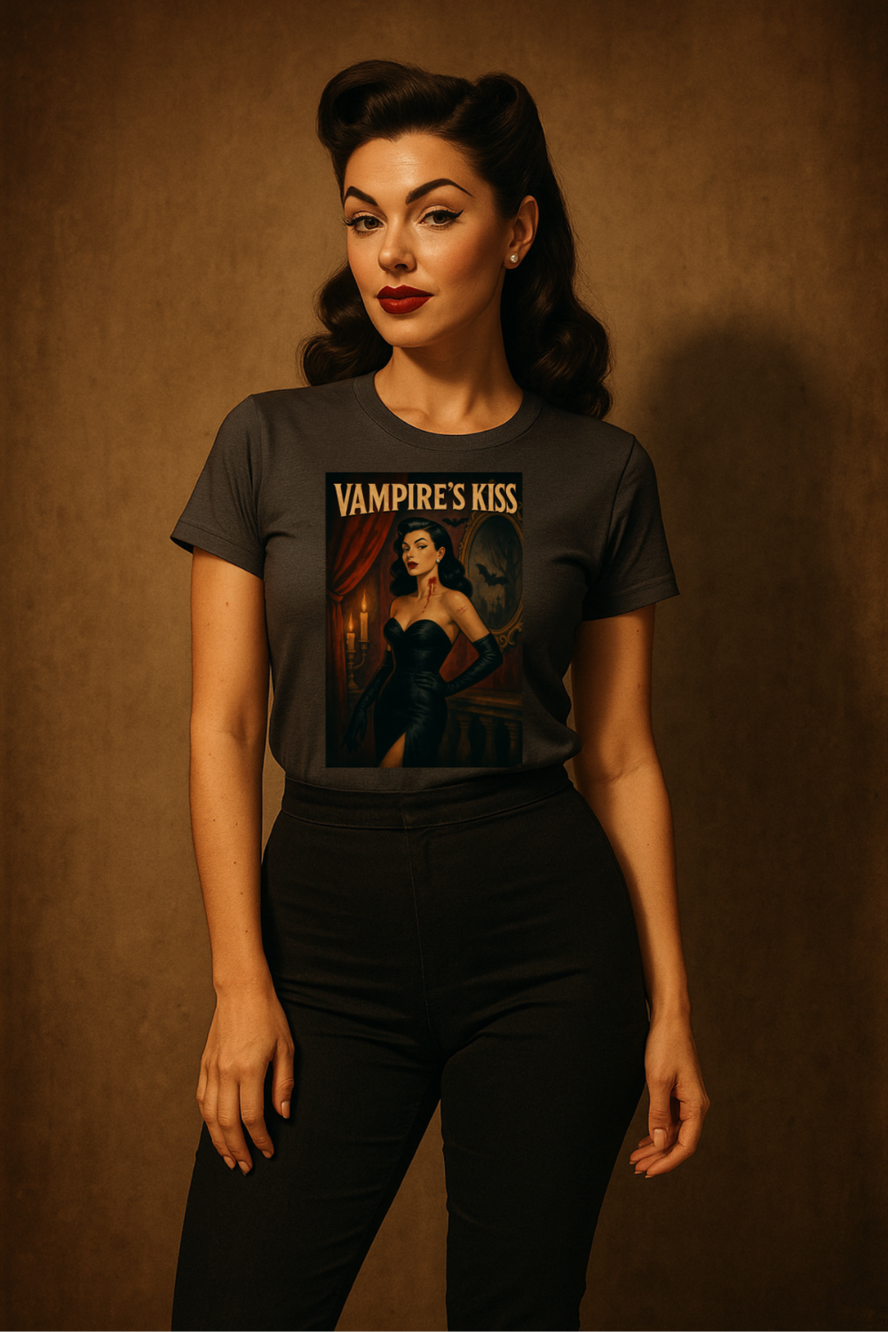 Vampire’s Kiss – Retro Pin-Up Vampire Unisex T-Shirt