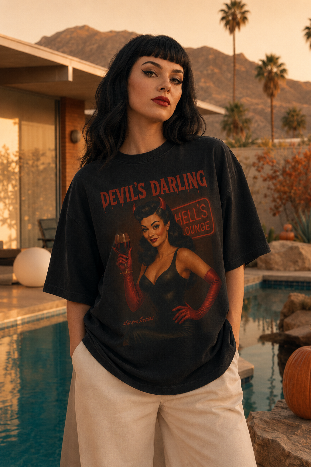 Devil’s Darling – Retro Pin-Up Devil Long Boxy T-Shirt