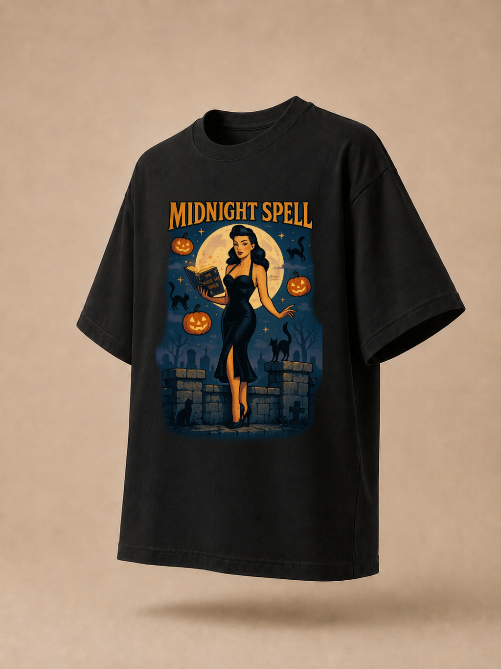 Midnight Spell – Retro Pin-Up Witch Halloween Long Boxy T-Shirt