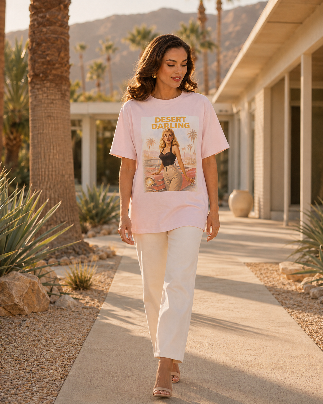 Desert Darling – Retro Pin-Up Graphic Long Boxy T-Shirt