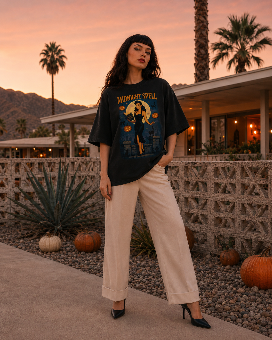 Midnight Spell – Retro Pin-Up Witch Halloween Long Boxy T-Shirt
