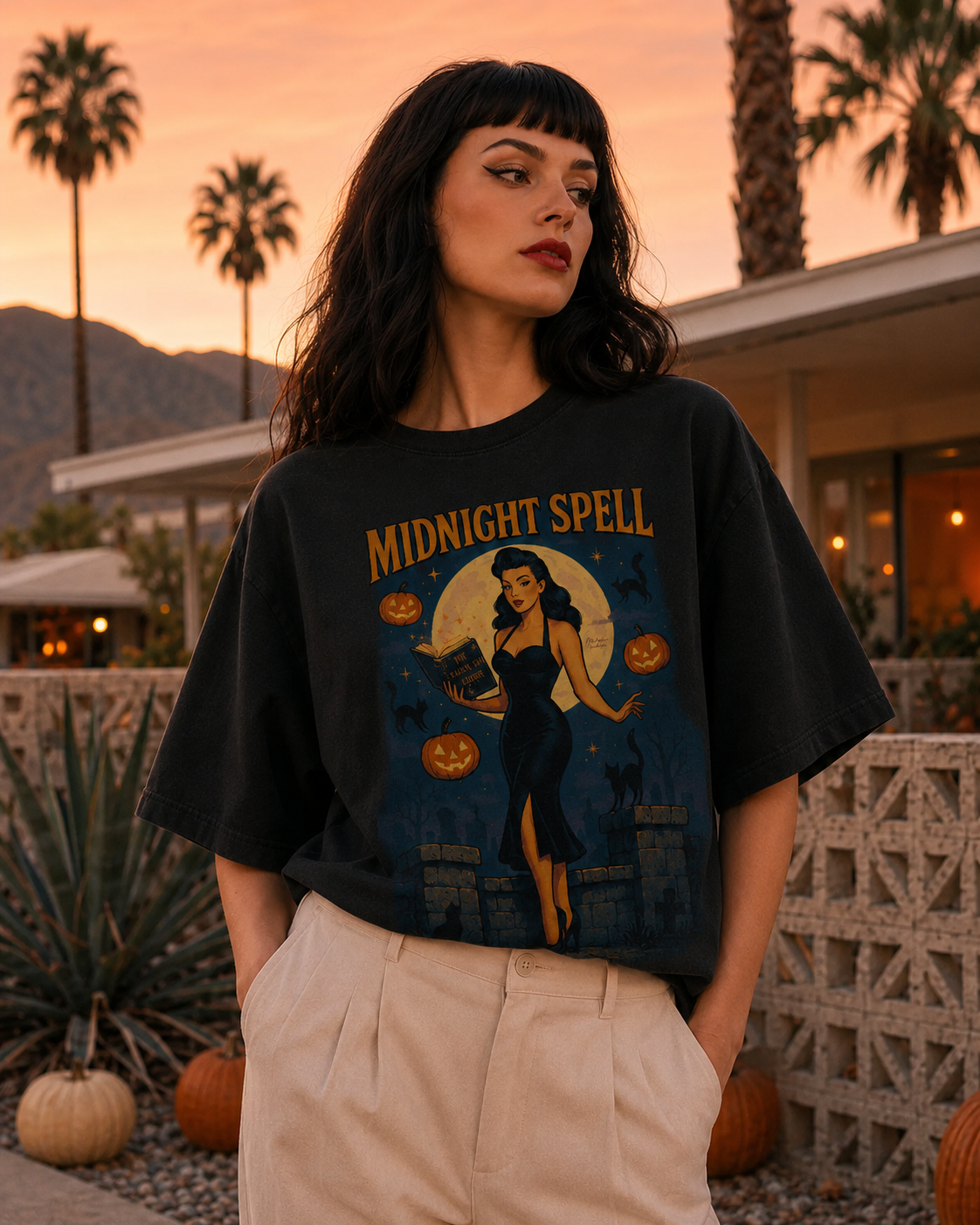 Midnight Spell – Retro Pin-Up Witch Halloween Long Boxy T-Shirt