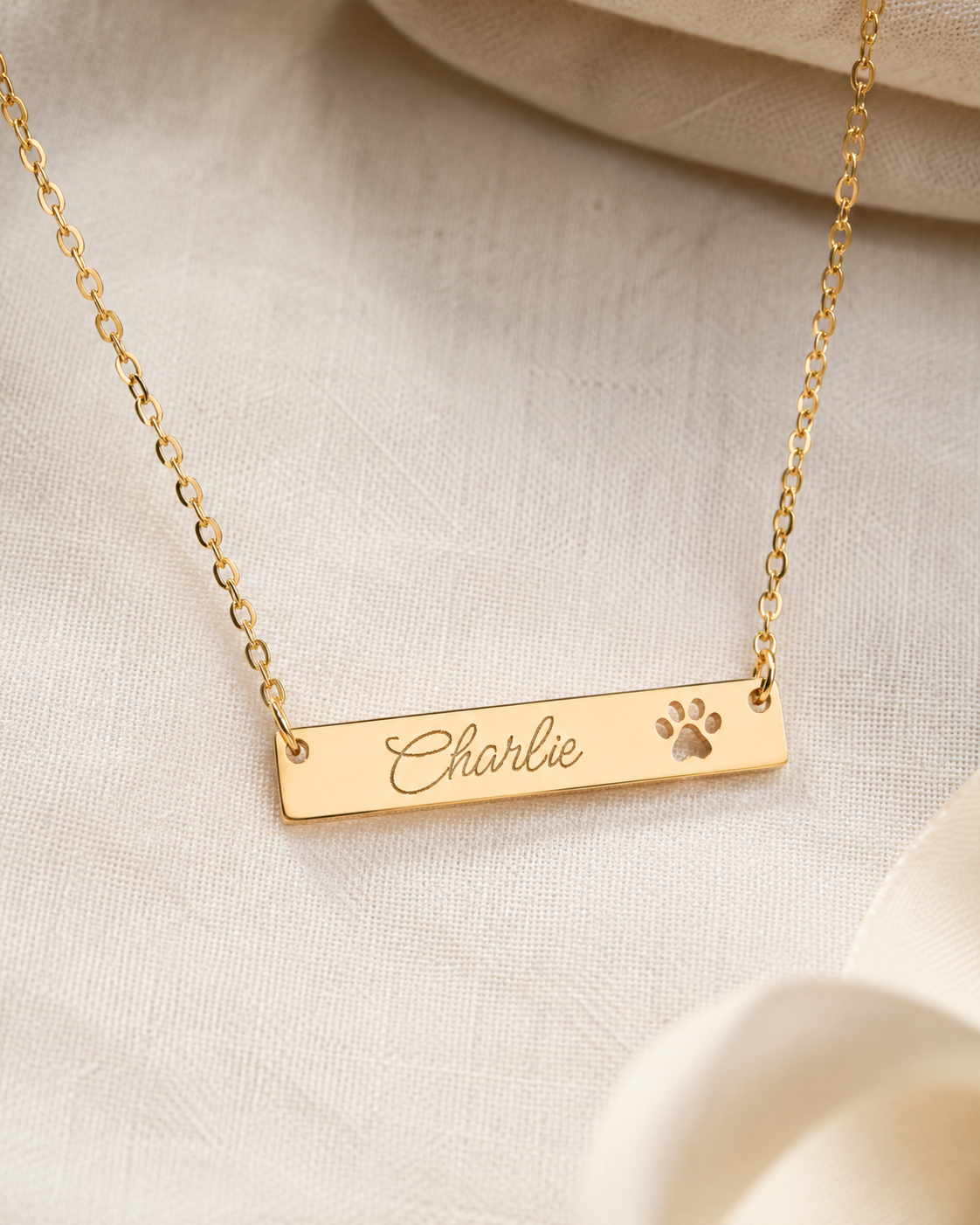 Personalized Paw Cutout Bar Necklace — Engraved Pet Name Jewelry