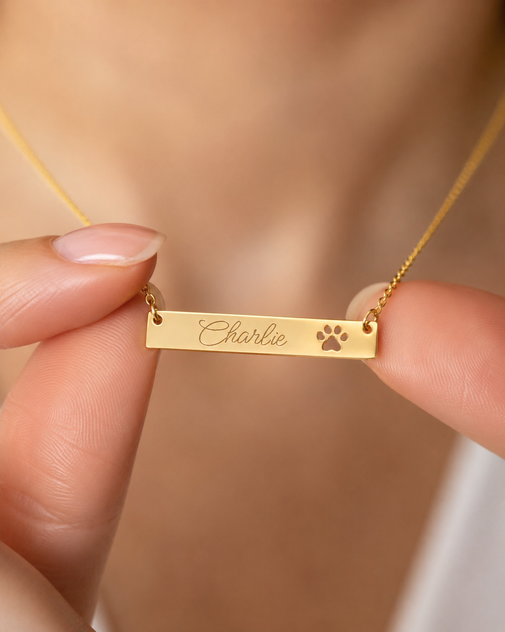 Personalized Paw Cutout Bar Necklace — Engraved Pet Name Jewelry