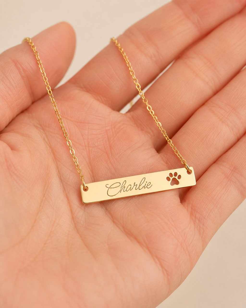 Personalized Paw Cutout Bar Necklace — Engraved Pet Name Jewelry