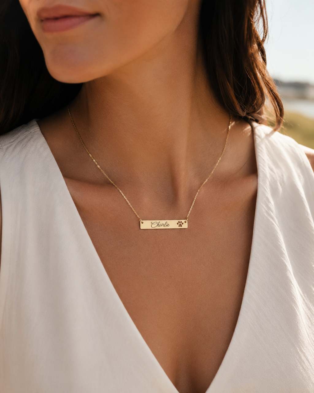 Personalized Paw Cutout Bar Necklace — Engraved Pet Name Jewelry