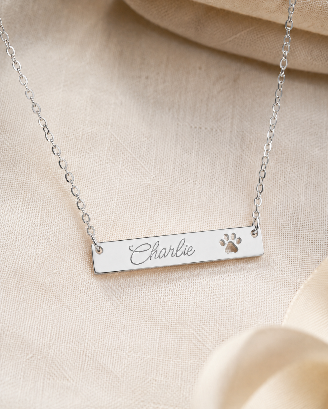 Personalized Paw Cutout Bar Necklace — Engraved Pet Name Jewelry