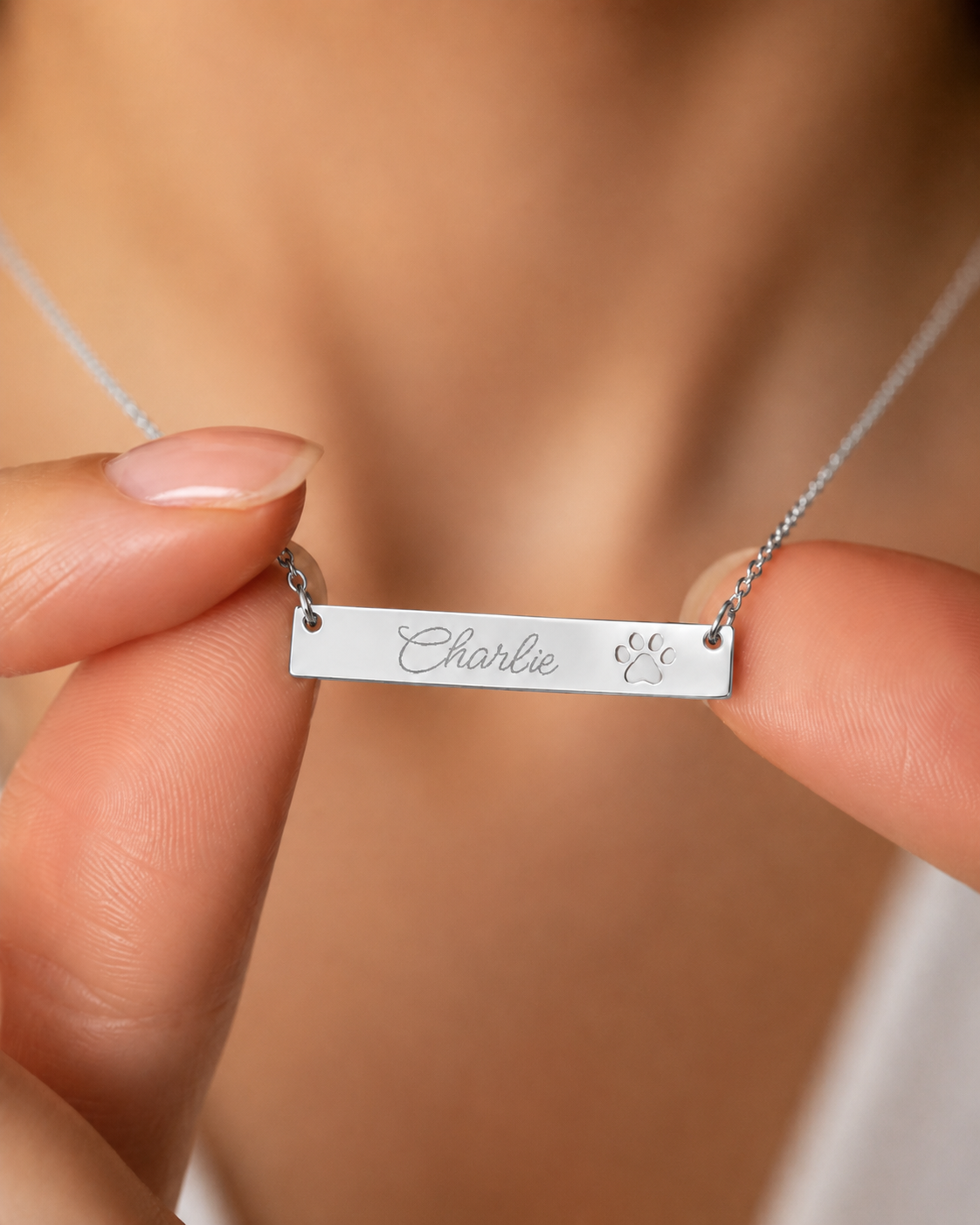 Personalized Paw Cutout Bar Necklace — Engraved Pet Name Jewelry