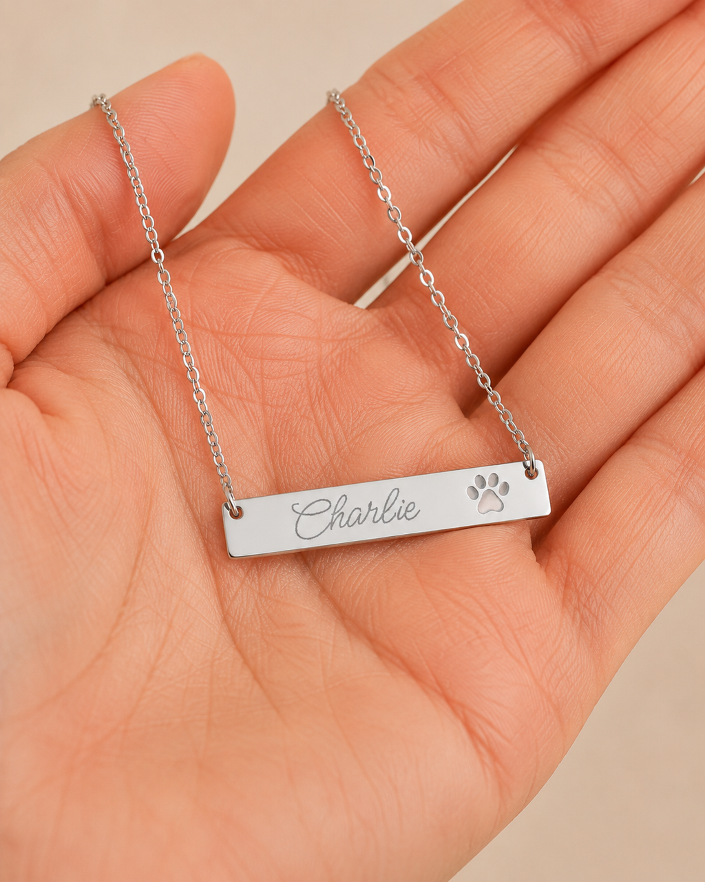 Personalized Paw Cutout Bar Necklace — Engraved Pet Name Jewelry