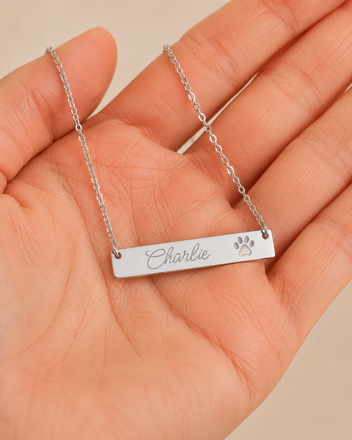 Personalized Paw Cutout Bar Necklace — Engraved Pet Name Jewelry