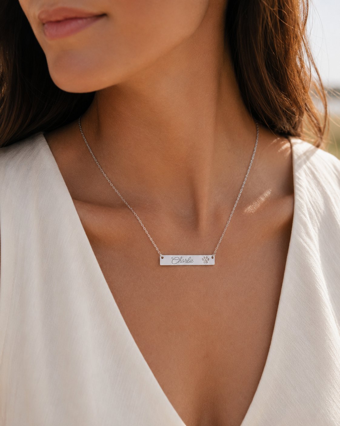Personalized Paw Cutout Bar Necklace — Engraved Pet Name Jewelry